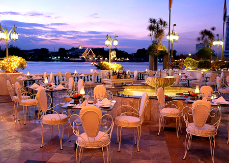 Romantic Evening - roses, pretty, romantic, romance, terrace, flowers, villa, house, lanterns, beauty, colors, architecture, chair, nature, sunset, lights, fountain, splendor, chairs, view, lake, houses, sky, clouds, trees, water, beautiful, table, sea, lovely, lantern, tree, colorful, rose, peaceful, restaurant