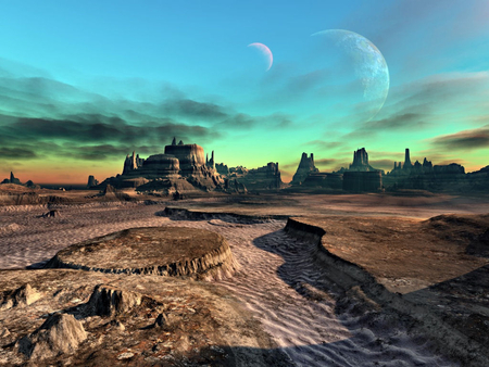 dry river bed - clouds, moon, rock formations, planet, shadows, blue sky, sand