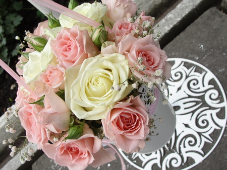 Beautiful roses - wonderful, flowers, roses, pink roses, ribbon, beauty, white roses, bouquet