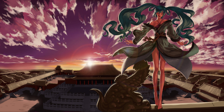 Hatsune Miku - horizon, aqua, walls, hot, thigh highs, sun, music, thighhighs, japanese, anime girl, white, art, purple, cool, aqua eyes, kimono, temple, artistic, hatsune miku, sexy, light, song, vocaloids, program, glow, vocaloid, beautiful, uniform, diva, beauty, nice, sky, twintail, singer, aqua hair, black, virtual, pretty, glowing, clouds, idol, anime, orange, miku, cute, twin tail, sunlight, girl, cg, hatsune, roof, blue, awesome, digital, japanese clothes, outfit