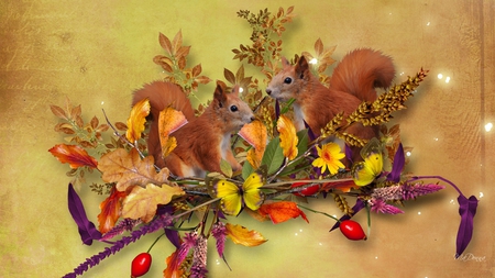 Falls Friends - whimsical, autumn, berries, butterfly, fall, sticks, leaves, twigs, squirrels, cute, firefox persona, grass