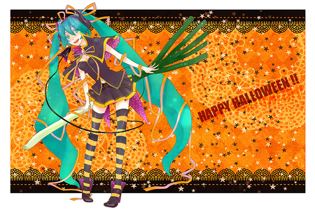 Happy Halloween!! - outfit, virtual, miku, digital, vocaloids, song, leggings, microphone, stripped socks, uniform, singer, cool, headphones, awesome, vocaloid, thighhighs, anime, twintail, cg, skirt, negi, hatsune, black, cute, beautiful, girl, anime girl, white, costume, stockings, program, artistic, pretty, aqua, thigh highs, beauty, art, diva, twin tail, nice, orange, idol, headset, music, hatsune miku