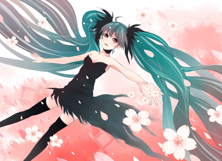 Hatsune Miku - outfit, virtual, miku, digital, vocaloids, song, red eyes, uniform, singer, red, cool, awesome, flowers, vocaloid, thighhighs, anime, twintail, blue, cg, petals, aqua hair, hatsune, black, cute, beautiful, girl, anime girl, white, program, aqua eyes, artistic, pretty, aqua, thigh highs, beauty, dress, art, diva, twin tail, nice, idol, music, hatsune miku