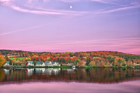 Autumn and Lilac Glow - purple, sky, lake, trees, beautiful light