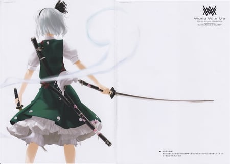 Touhou - white, katana, weapon, short hair, dress, gray hair