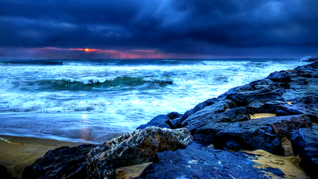 Ocean Waves - blue, amazing, beach, splendor, blue sky, sand, view, ocean waves, sky, sun, storm, clouds, beautiful, sea, stormy, beauty, lovely, ocean, nature, sunset, waves, peaceful, rocks