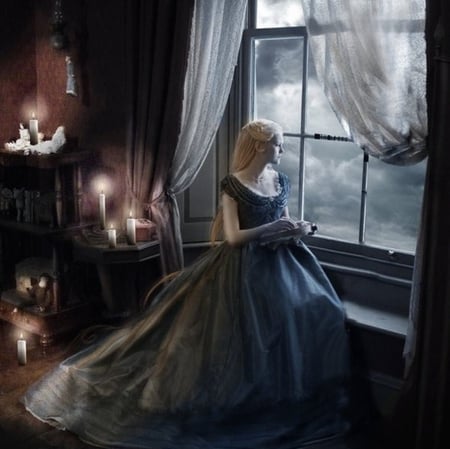 Waiting Bride - waiting, bride, emo, lonely, beautiful, window, dress, girl, alone, blonde, cg, fantasy, sad