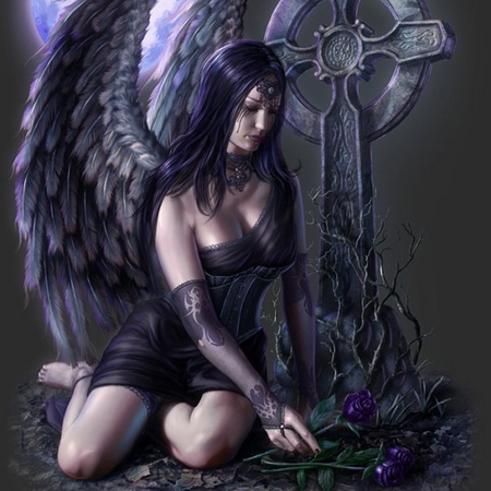 In your Remembrance - sadness, lonely, wing, sensual, tear, digital art, girl, alone, angel, cg, fantasy, sad, rose