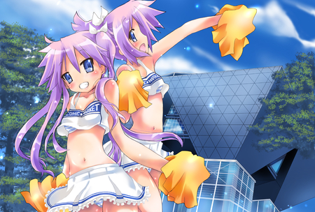 Lucky Star - girls, cheerleader, building, lucky star, anime, cute