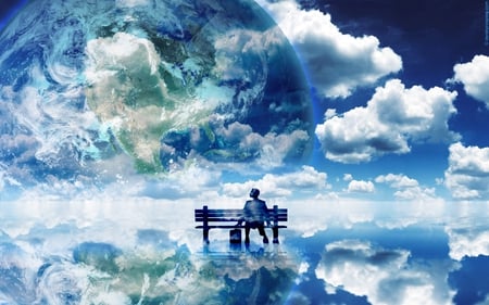 Imagination Realm - sitting, man, blue, imagination, bench, realm, space, world