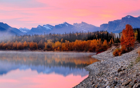 AUTUMN LAKE - calm, fog, autumn, lake, mountain