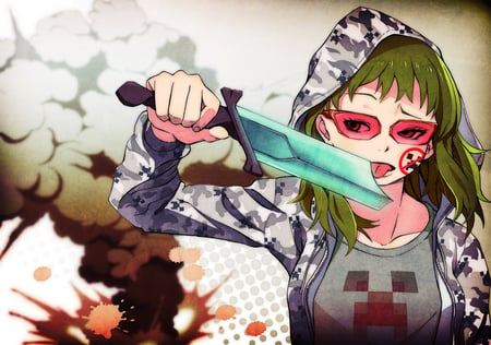 Gumi - girl, creeper, anime girl, knife, cool, vocaloid, weapon, anime, gumi, minecraft, crossover