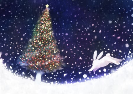 Snow Bunny - white, abstract, snow, tree, bunny, christmas