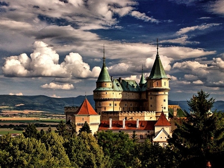 Castle Bojnice, Slovakia - trees, slovakia, castle, sky