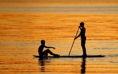 silhouette paddle surf boy - paddle, river, water, gold, golden