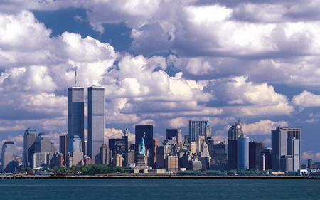 new york - clouds, manmade, blue, photography, city, buildings, architecture, structure, white, towers, sky, statue