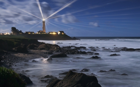 coming home - clouds, water, lighthouse, photography, evening, sea, night, ocean, light, dark, nature, sky