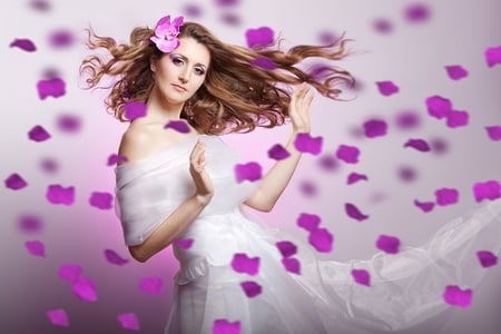 Dancing with purple petals - beauty, hair, white dress, beautiful lady, wonderful, fantasy, face, purple, petals, beautiful, purple lover, dancing, dreamer, flower