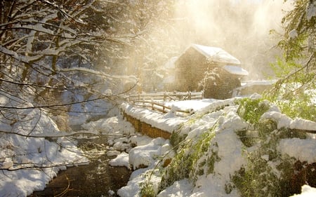 WINTER DUST - fence, frost, snow, river, winter, house