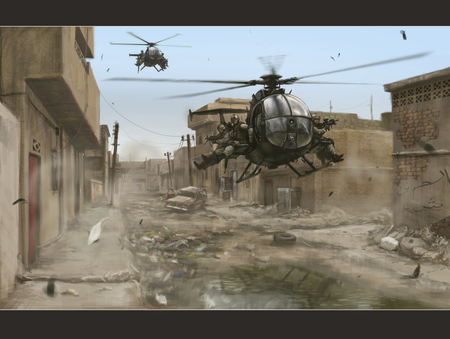 low flying helicopter - rubbish, wrecked car, destruction, soldiers, blue sky