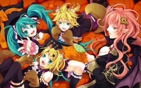 Halloween - blue eyes, pink hair, long hair, aqua hair, catgirl, blonde hair, aqua eyes, short hair, animel ears, dress