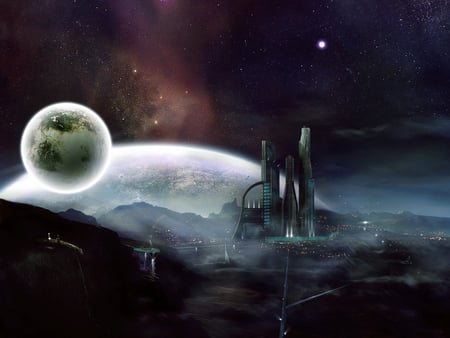 futuristic city - moon, shuttles, planet, buildings, sun, stars