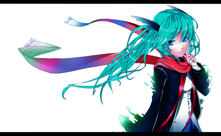 Hatsune Miku - pretty, artistic, twin tail, pink, light, uniform, rainbow, nice, program, beauty, virtual, cg, white, scarf, cute, aqua eyes, song, outfit, vocaloid, anime, blue, twintail, hatsune miku, music, aqua, red, art, idol, anime girl, beautiful, singer, girl, cool, black, glow, glowing, miku, awesome, diva, digital, cold, aqua hair, hatsune, vocaloids