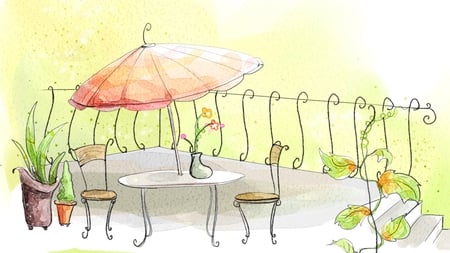 The Terrace - flowers, vase, umbrella, vine, summer, cafe, table, outside