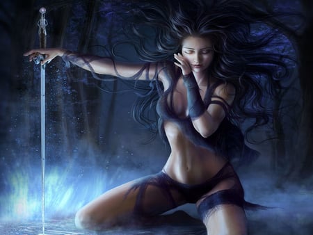 fantasy girl - fantasy, blue, girl, espada, azul