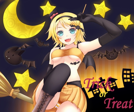 trick or treat - short hair, moon, yelow hair, dress, blush, night, stars, blue eyes