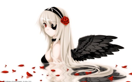 angel dark - red eyes, aqua, angel, petals, long hair, parch, blush, flowers