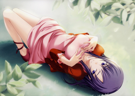 original - brown eyes, sleep, dress, blush, yard, long hair, purple hair