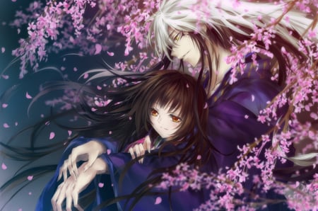 Nurarihyon No Mago - anime girl, female, cherry blossom, nura rihyon, together, love, male, youhime, nurarihyon no mago, anime boy