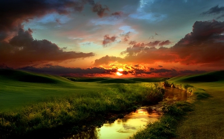 Horizonal Sunset - clouds, scenery, beautiful, beauty, grass, river, sunset, nature, view, field, sun, sky