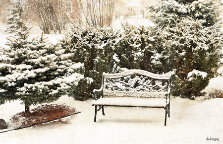 Romantic Winter - winter, garden bench, park, romantic, snow