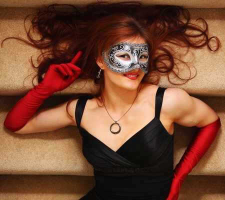 Lady with a Silver Mask - black dress, pendant, lady, mask, smiling, gloves red, hair, silver, beautiful