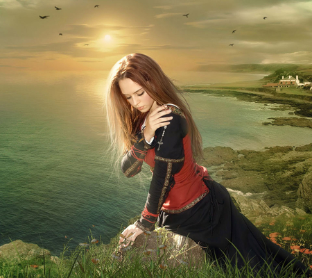 Beautiful Dawn - sunlightdawn, beauty, sitting, hair, beautiful, grassland, sea, dress, birds