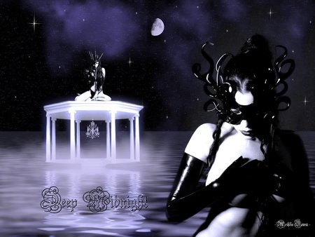 Deep Midnight - moon, pavilion, mask, trees, head dress, anime, water, gloves