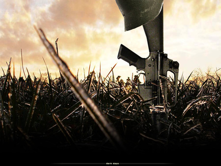 Dark Days - gun, helmet, grass, field, rifle, sky