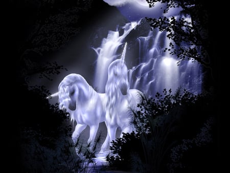 Night Bath - bush, waterfalls, fantasy, water, magical, unicorns