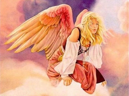 Beautiful Angel - wings, blond, winged, clouds