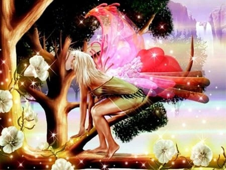 Fantastic Flower Faerie - wings, winged, flowers, waterfalls, tree, fairy, vine, angel