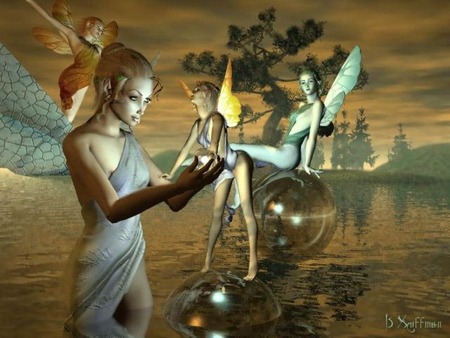 Beautiful Faeries - faeries, hill, trees, globes, water, fairies, fairy, faerie