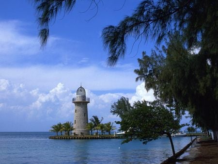 Boca Chita Lighthouse, Florida - sky, architecture, florida, water, clouds, trees, lighthouses