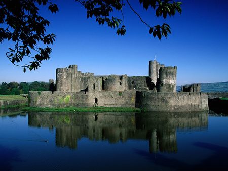 Caerphilly Castle, Wales - sky, reflection, castle, architecture, water, tree, other