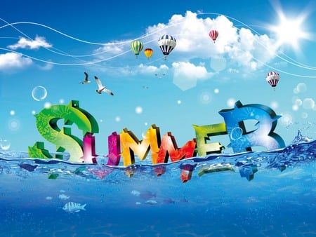 Summer Time!! - hot air balloons, very, birds, summer, blue, air, seagulls, aqua, red, sky, sun, clouds, water, hot, balloon, enjoy, cool, orange, season, green, cloud, fish