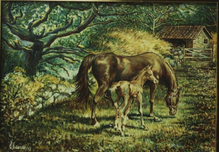 Mare and her Foal - horses, foal, painting, mare, animals