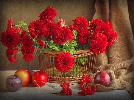 Still life - pretty, delicate, beautiful, still life, harmony, flowers, basket, apples, red, nice, fruits