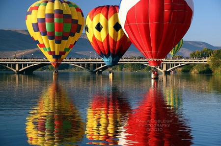 three hot air balloons - reflections, colorful, water, air, ballons