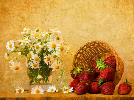 Still life - pretty, strawberries, delicate, beautiful, lovely, still life, vasey, harmony, flowers, basket, daisiea, nice, fruits